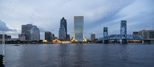 Blue Color Dominates this View of Downtown City Skyline Jacksonville Florida