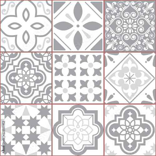 Vector tiles design, Azulejo seamless pattern, abstract and floral decoration inspired by tranditional tile art from Portugal and Spain