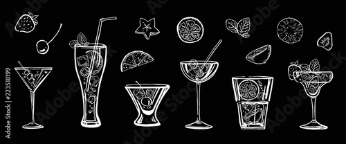 Outline sketch hand drawn illustration with different cocktails and fruits on blackboard background