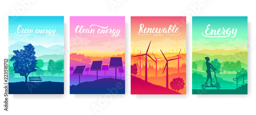 Tomorrow s clean energy equipment on nature landscape. Eco electricity design for poster, magazine, brochure, booklet. Ecological technology flyer background concept