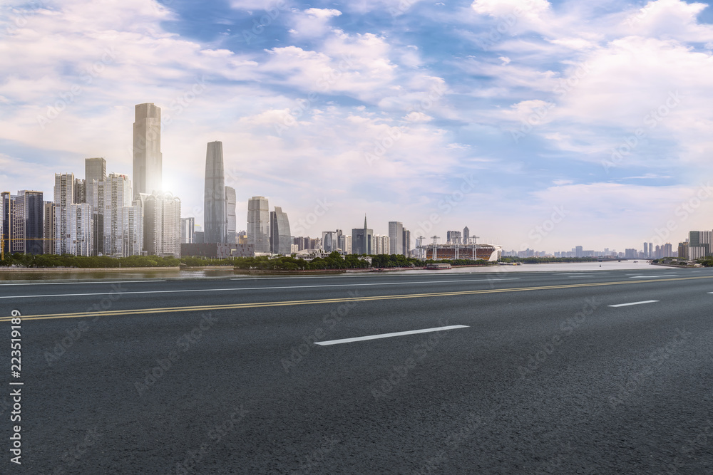 Road pavement and Guangzhou city buildings skyline