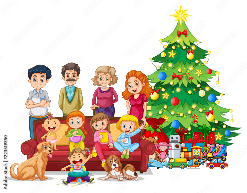 Family in front of christmas tree