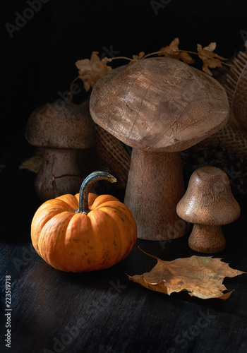Autumn still life in low key with small orange pumpkin and Fall decorations