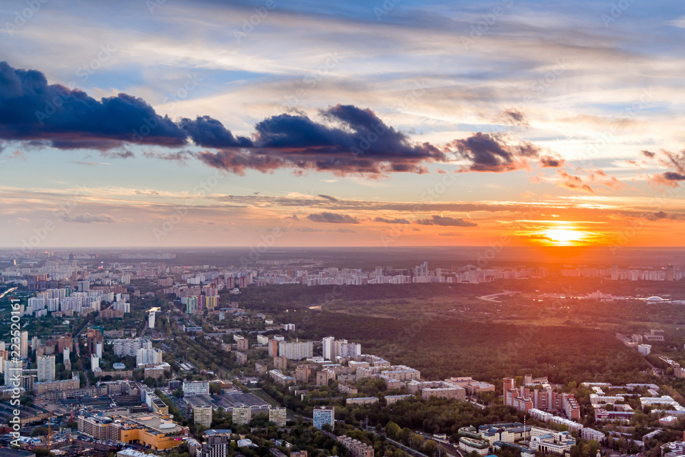Panoramic view of Moscow. Evening, sunset.