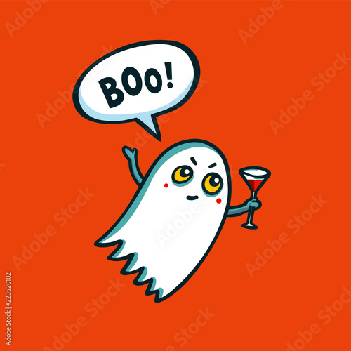 Halloween monster. Cute ghost with cocktail and boo speech bubble on orange b...