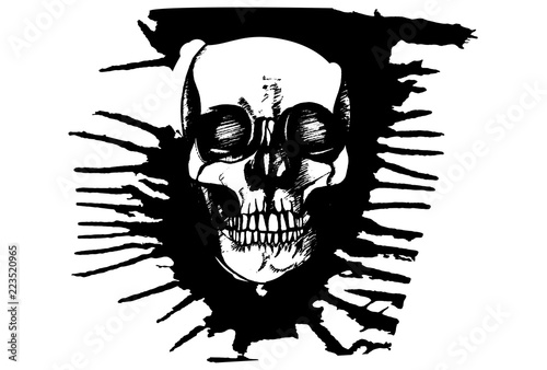 Black and white hand drawn illustration of criminal human skull.