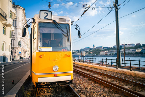 Traditional, yellow tram in the Hungarian capital, Budapest