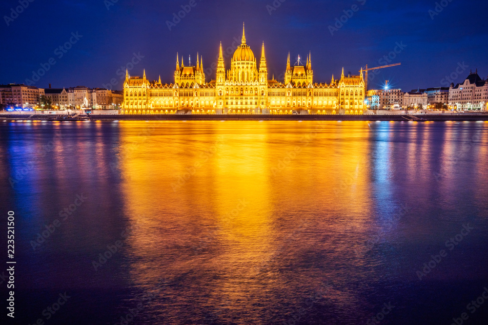 Beautiful, night view of the Hungarian parliament building in Budapest