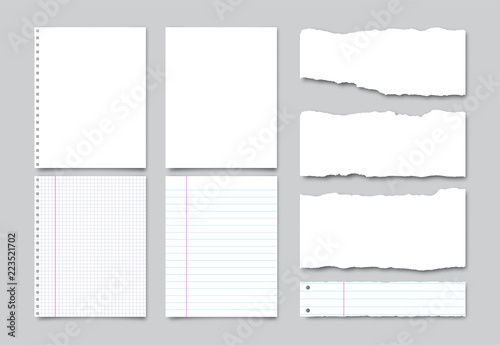 Set of vector realistic white paper, lined notebook pages and pieces of torn paper with shadow