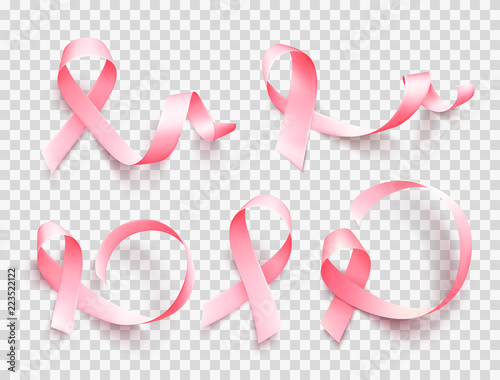 Big set of pink ribbons isolated over transparent background. Symbol of breast cancer awareness month in october. Vector