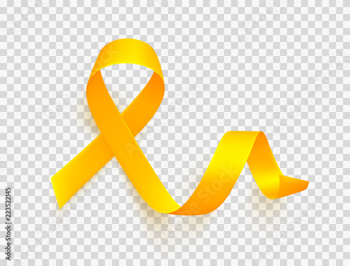 Realistic gold ribbon. World childhood cancer awareness symbol, vector illustration.