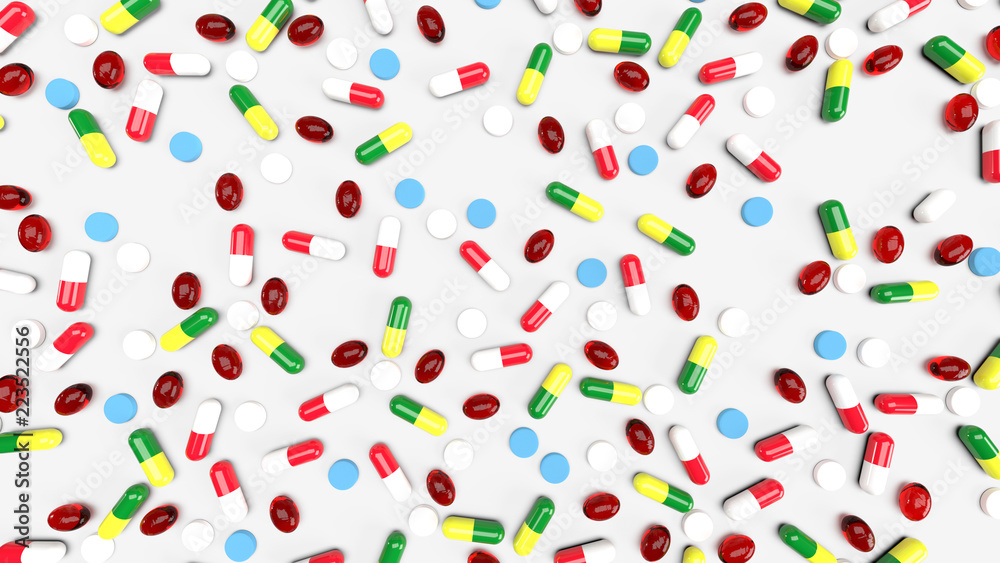 Obraz premium 3D rendered scattered pills and painkillers