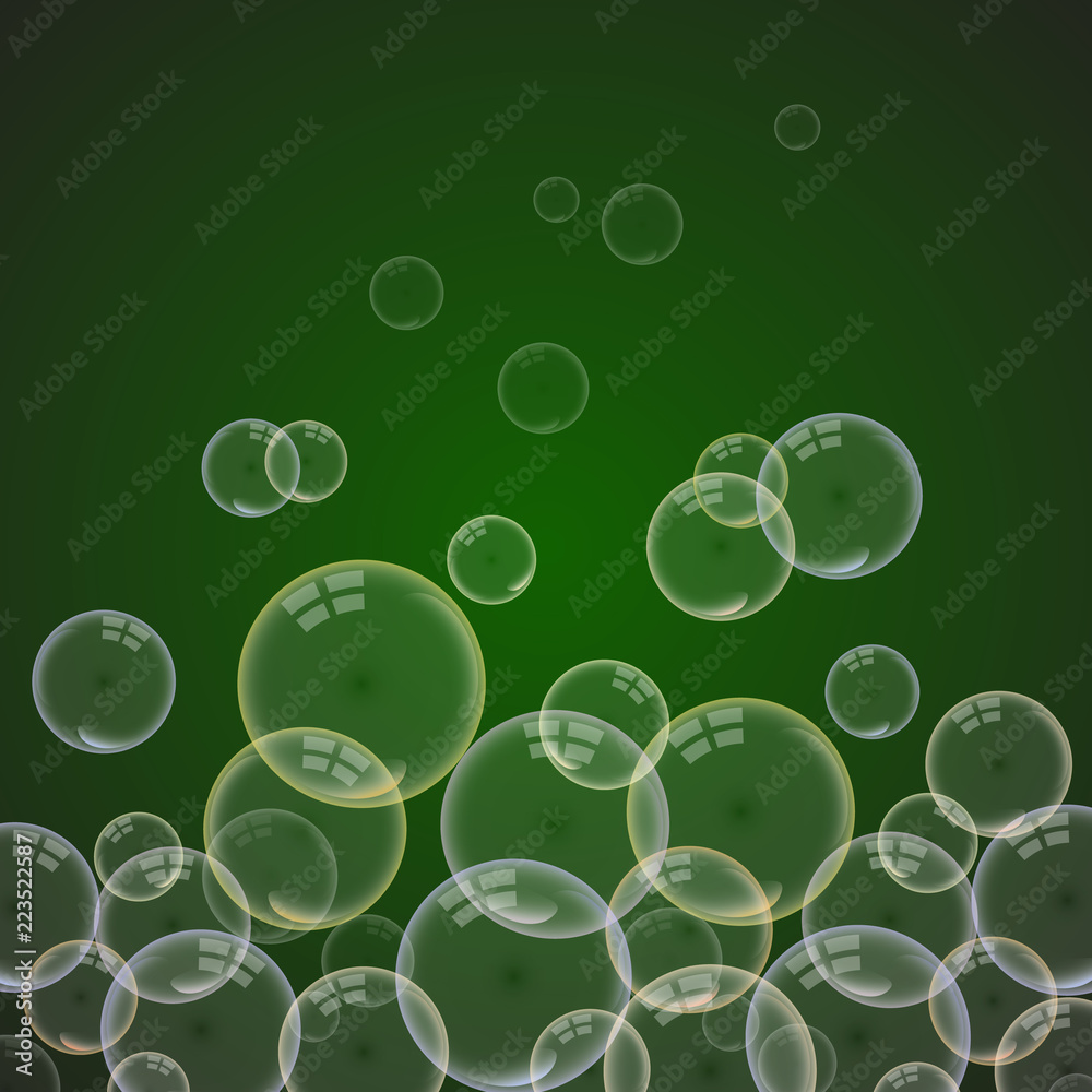 Isolated colorful realistic shampoo bubbles with a reflection of a transparent dark background.