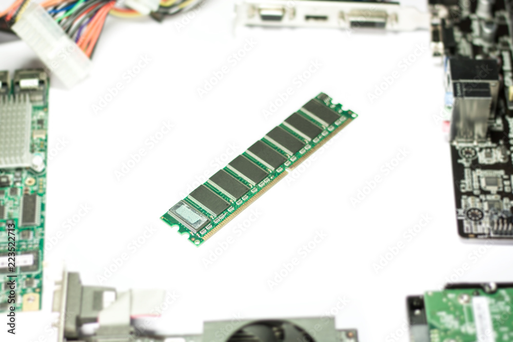 Random Access Memory with computer parts on white background. Selective focus Random Access Memory with computer parts on white background. Selective focus