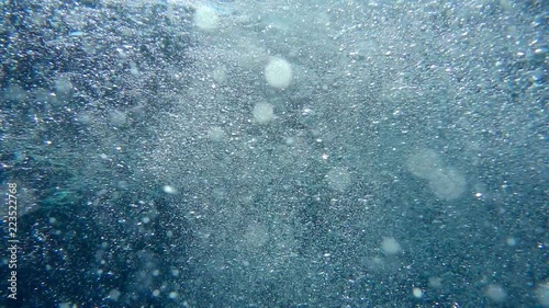 Bubbles rise from the depth to the surface in slow motion. They turbulize and dissolve in water. They pass close to the camera and propagate in defocus. 
