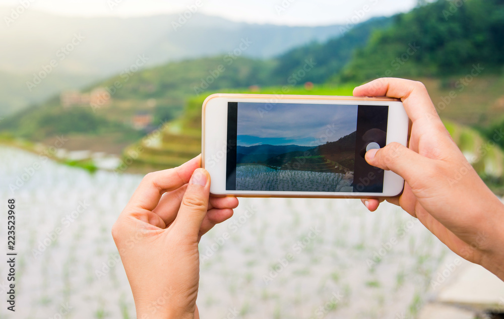 Girl capturing rice terrace scenery with a phone Girl capturing rice terrace scenery with a phone