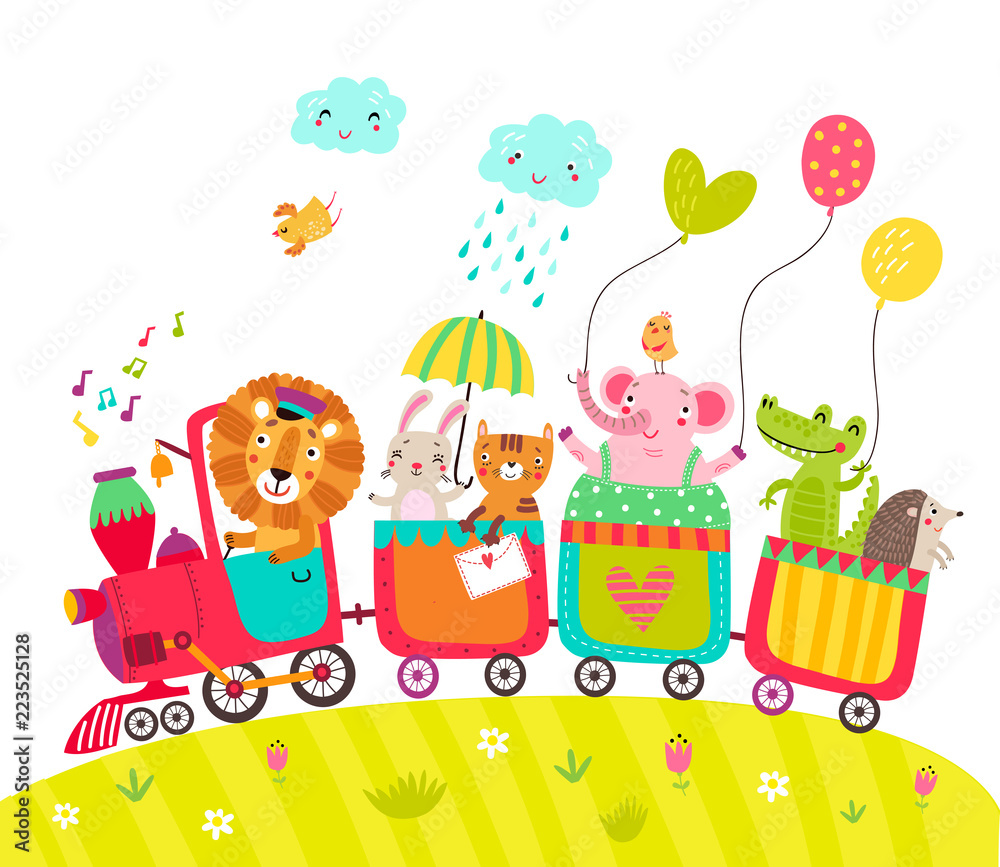 Obraz premium Cheerful train with cute animals