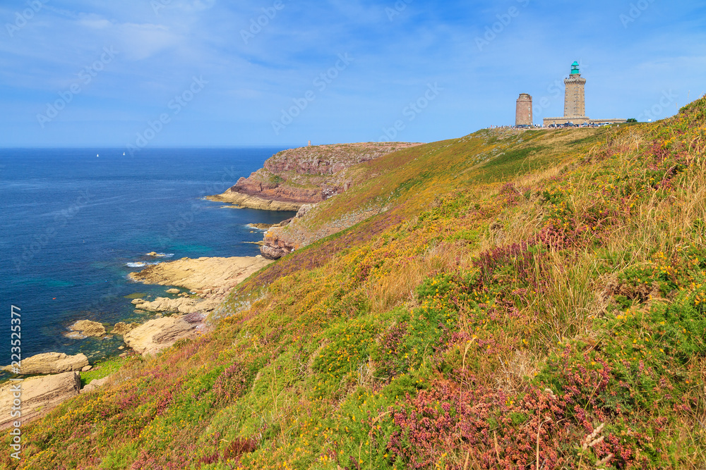 Beautiful landscape view of the cliffs at Cap Fréhel in Brittany, France, with its lighthouses and moorland with vibrant heather flowers (Calluna vulgaris) and common gorse (Ulex europaeus)