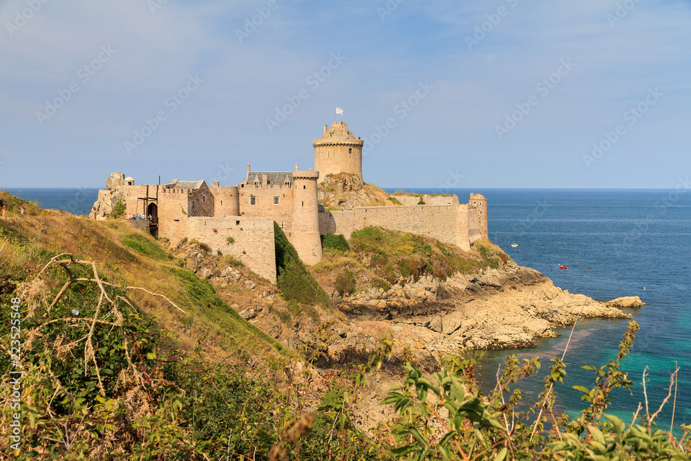 Beautiful view of the medieval landmark Fort La Latte, an historic heritage monument at Cap Fréhel in Brittany, France
