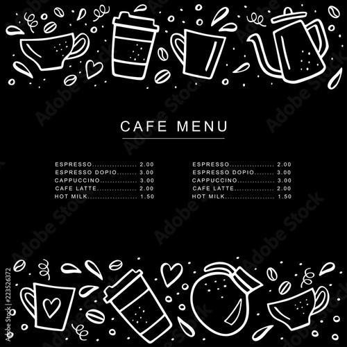 Chalkboard cafe menu with coffee cups and coffee pods in doodle style. Handdrawn vector illustration.