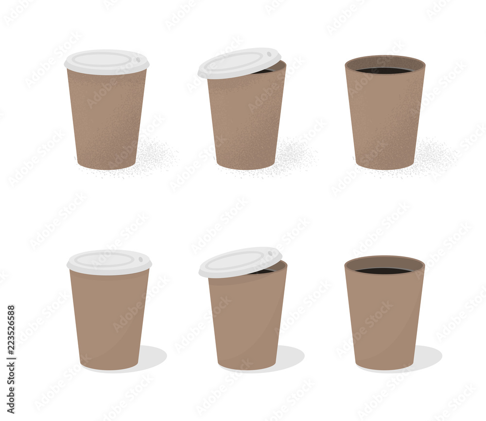 Set of paper cups with noisy texture and flat. Coffee cup isolated on white. Coffe cup with lid and with no lid. Vector illustration eps 10. Set of paper cups with noisy texture and flat. Coffee cup isolated on white. Coffe cup with lid and with no lid. Vector illustration eps 10.