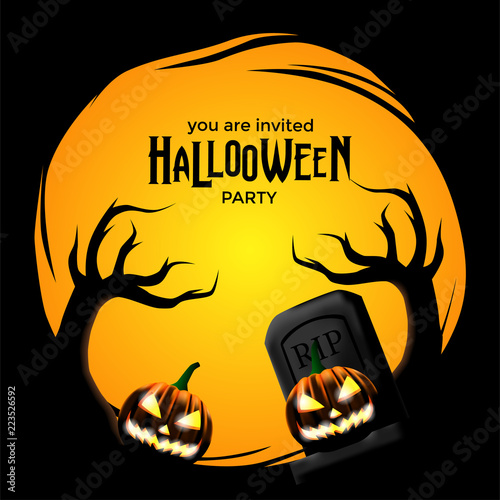 Halloween party with circle frame with tomb and jack lantern pumpkin. trick or treat event. poster banner label invitation template.
