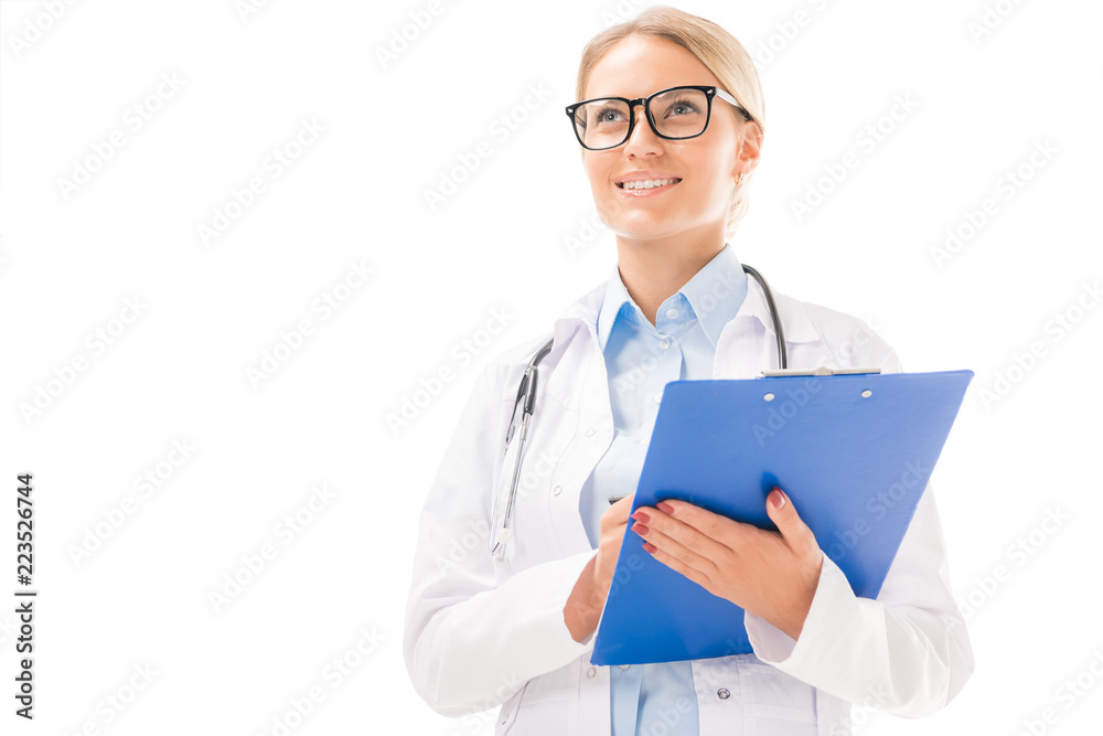 bottom view of confident young female doctor with clipboard looking away isolated on white bottom view of confident young female doctor with clipboard looking away isolated on white