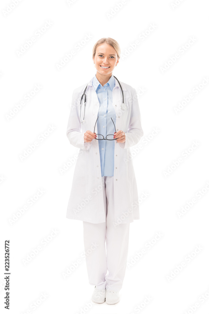 beautiful young female doctor in white coat looking at camera isolated on white beautiful young female doctor in white coat looking at camera isolated on white