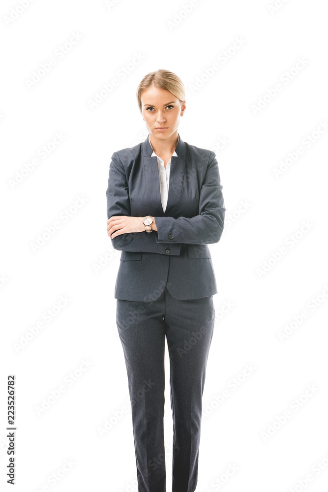 attractive young businesswoman in suit with crossed arms isolated on white attractive young businesswoman in suit with crossed arms isolated on white
