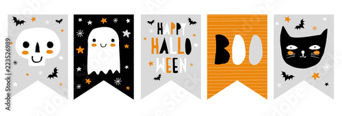 Funny Hand Drawn Halloween Vector Bunting. Infantile Illustration. White Skull and Ghost, Black Cat and Bats. Handwritten Happy Halloween and Boo. Starry Night. Gray, Orange, Black and White Design.