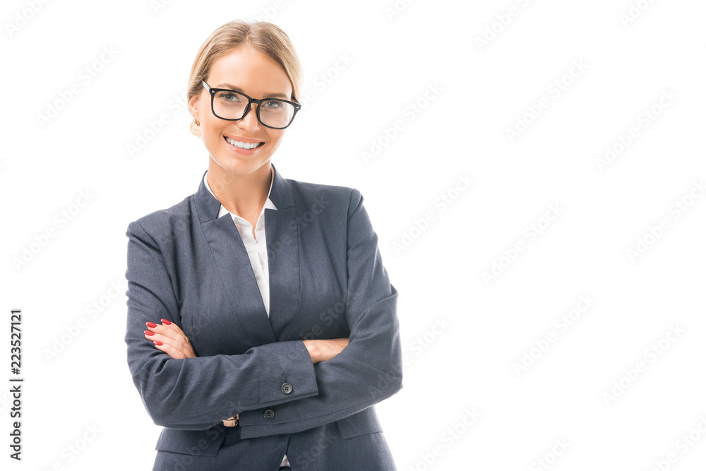 smiling young businesswoman crossed arms looking at camera isolated on white smiling young businesswoman crossed arms looking at camera isolated on white