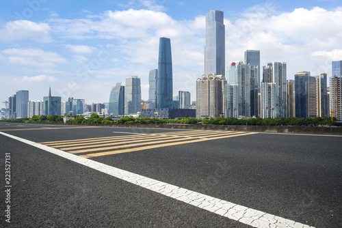 Road pavement and Guangzhou city buildings skyline