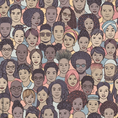 Diverse crowd of people - seamless pattern of hand drawn faces of various ethnicities photo