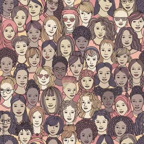 Women - hand drawn seamless pattern of a crowd of different women from diverse ethnic backgrounds