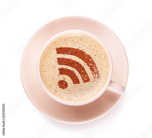 Cup of coffee with WiFi sign on the foam. Free access point to the Internet WiFi