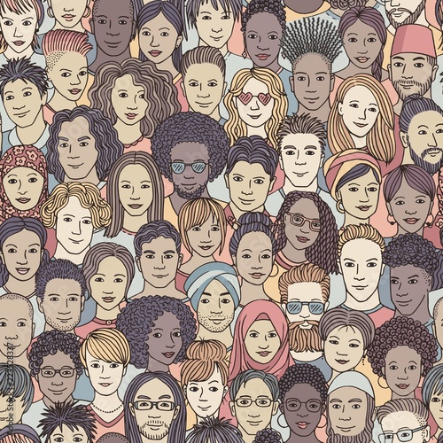 Diverse crowd of people - seamless pattern of hand drawn faces of various ethnicities