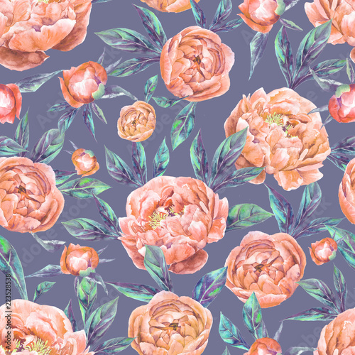 Wallpaper Mural Watercolor hand drawn vintage seamless pattern with peony flowers and leaves Torontodigital.ca