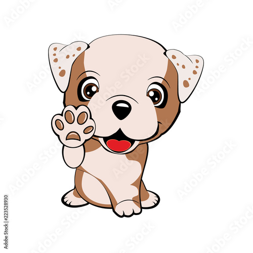 Children vector illustration of funny little Sitting puppy dog raised his front paw and looking up. cheerful puppy with a raised paw. photo