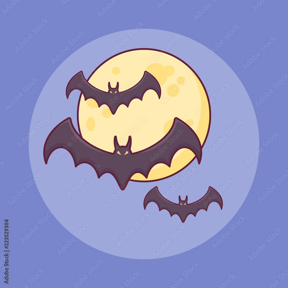 Fototapeta premium Bats flying over moon flat line icon. Halloween element.