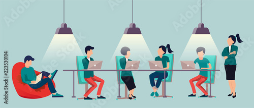 People talking and working at the computers in the open space office. Co-working center center. Multicultural team. Business meeting and shared working environment. Flat vector illustration
