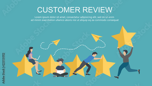 Concept of feedback, testimonials messages and notifications. Rating on customer service illustration. Five big stars with people sitting on them and giving reviews on their lap tops. Flat vector