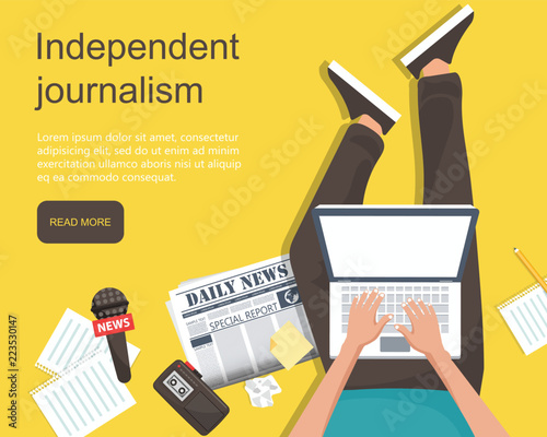 Independent journalism flat banner. Man sitting on the floor holding lap top in his lap with equipment for journalist. Flat vector illustration