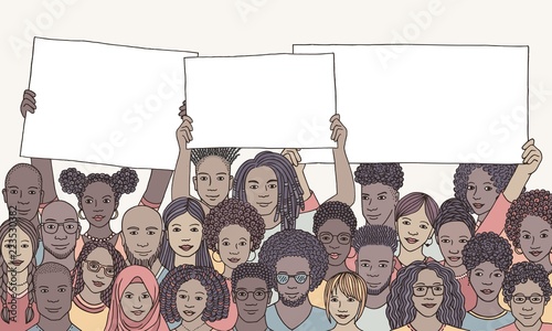 Diverse group of people of color holding empty signs