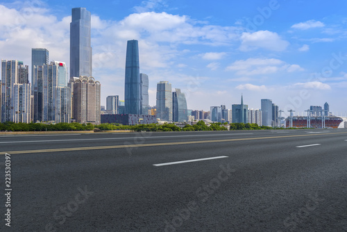 Road pavement and Guangzhou city buildings skyline