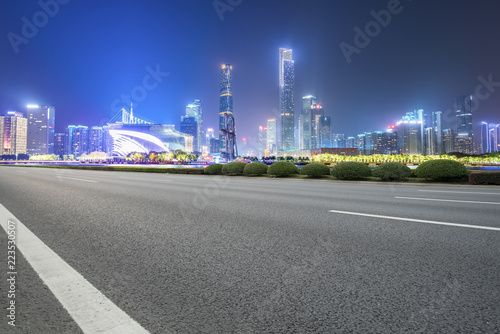 Road pavement and Guangzhou city buildings skyline