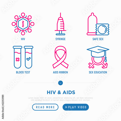 HIV and AIDs thin line icons set: safe sex, syringe, physical examination, AIDs ribbon, blood test, sex education. Modern vector illustration.