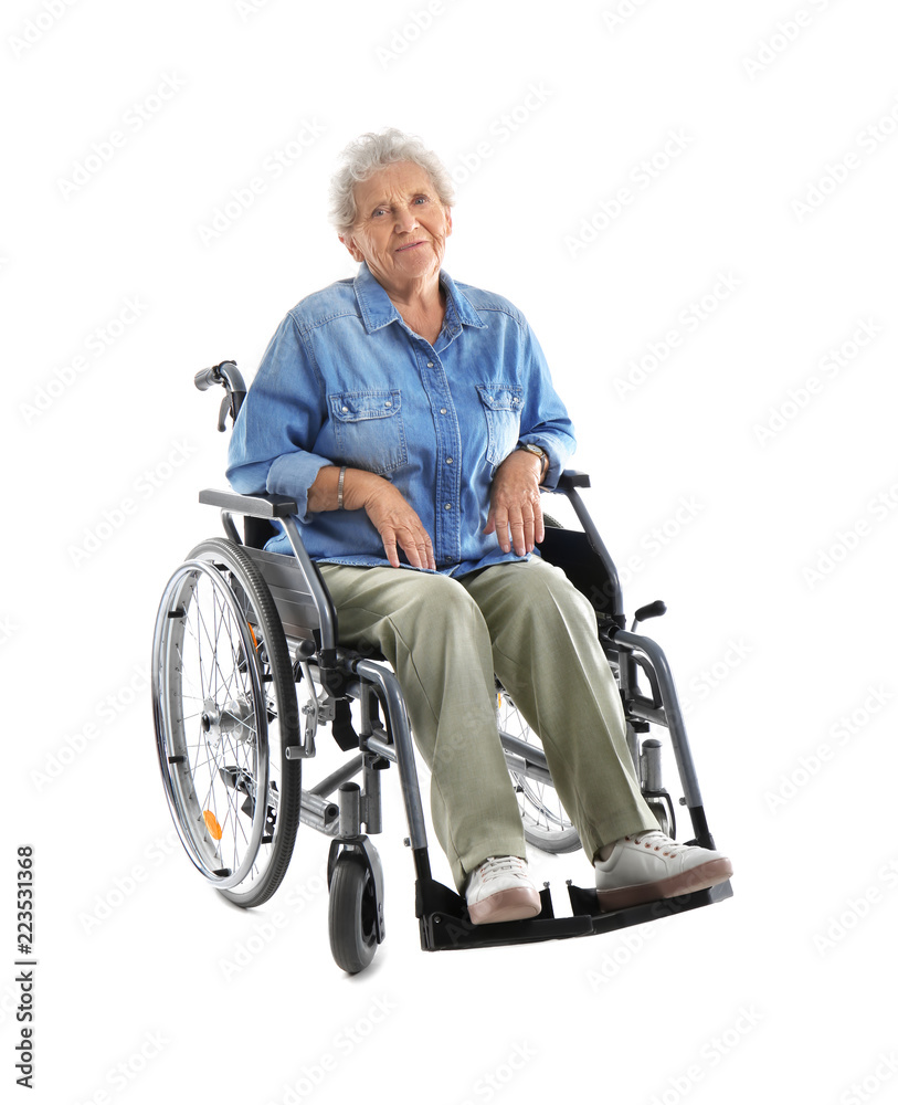 Senior woman in wheelchair on white background Senior woman in wheelchair on white background