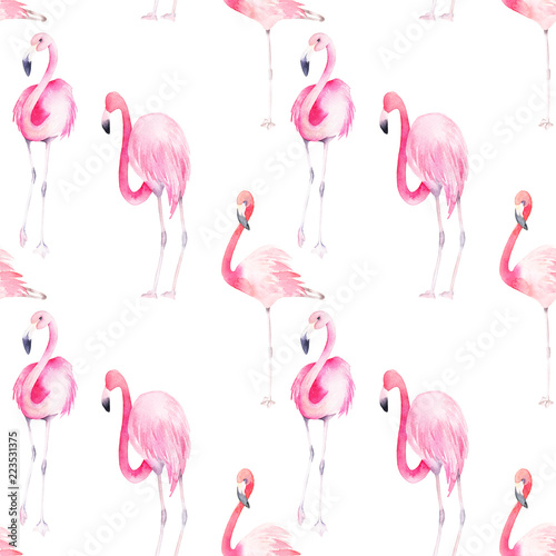 Summer seamless pattern. Watercolor flamingo print. Hand drawn illustration