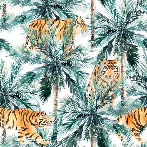 Jungle seamless pattern. Tropical palm trees and tiger. Hand drawn watercolou...