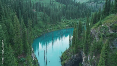 Kaindy Lake in Kazakhstan Known Also as Birch Tree Lake or Underwater Forest. Is a 400 Meter Long Lake That Reaches Depths Near 30 Meters in Some Areas. Areal dron shot.